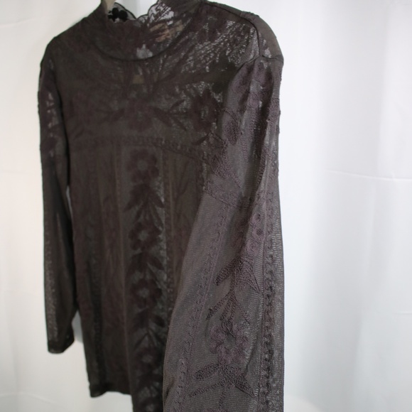 Vintage Sundance Small Sheer Long Sleeved Top with Embroidery Dark‎ Brown - Picture 1 of 6